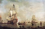Thomas Mellish The Royal Caroline in a calm estuary flying a Royal standard and surrounded by an attendant barge and other small boats Spain oil painting artist